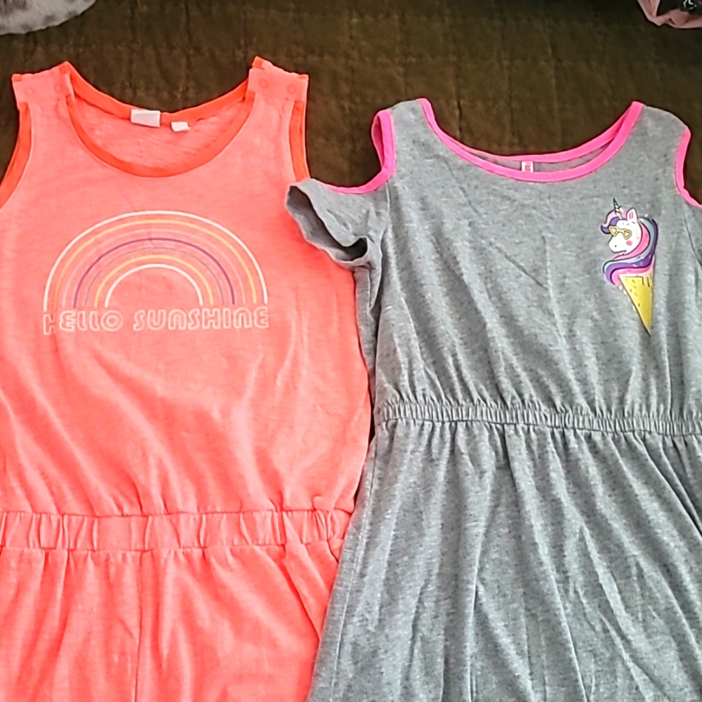 Bundle of Girl's Sz L one piece cotton outfits: one jumper one dress